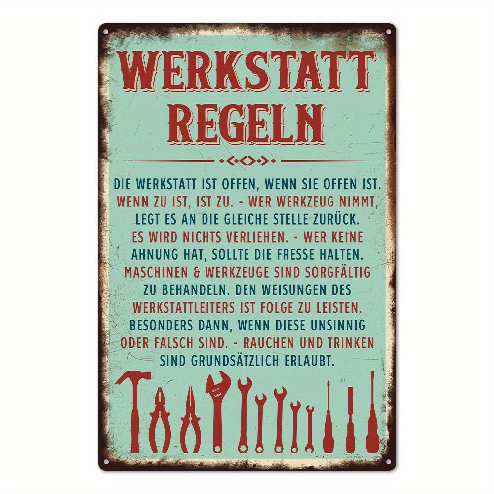 Vintage German Workshop Rules Metal Tin Sign - 8x 12 Inches, Rustic Teal Wall Art with Tool Illustrations for Home, Farmhouse
