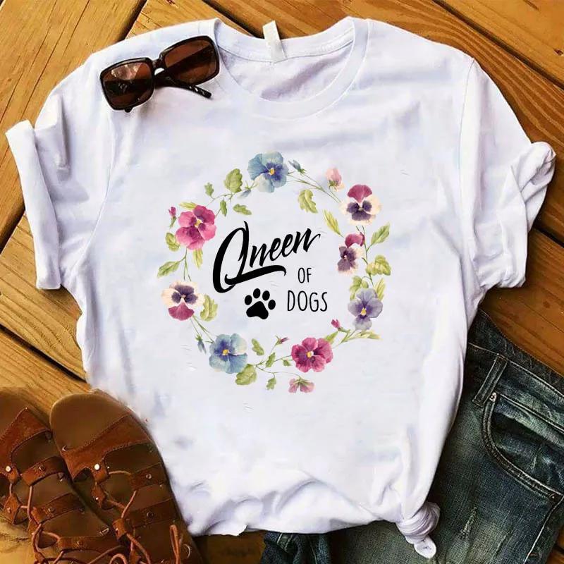 Women T Graphic Flower Never Walk Alone Dog Paw Fashion Printed Top Tshirt Female Tee Shirt Ladies Clothes Tshirt