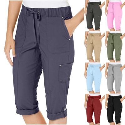 Pantaloni da Lavoro alla Moda da Donna con Tasche a Tinta Unita, Coulisse, Vita Elastica, Pantaloni Corti Casual