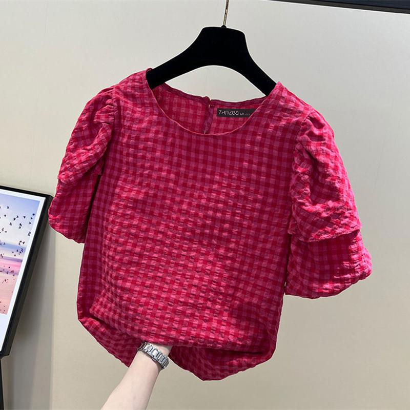 

ZANZEA Женская повседневная блузка с короткими рукавами и круглым вырезом в клетку с принтом 5XL темно-розовый