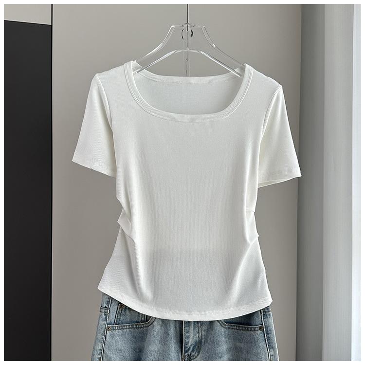 Plus Size Square Neck Standard Sleeve T-Shirt Loose Slimming Ribbed Base Top Versatile Breathable Soft Material Flattering Slim Women Top