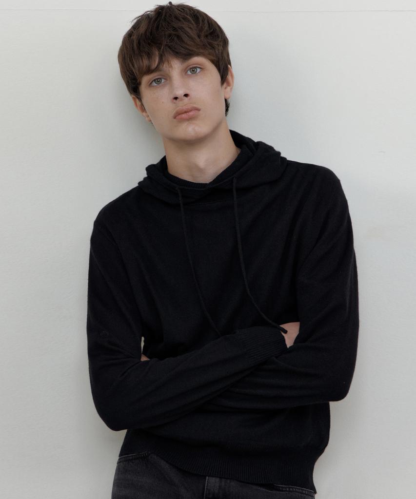 MERCREDI OASIS Pull à Capuche en Laine d'Agneau_Noir(Wcb6Kn85)