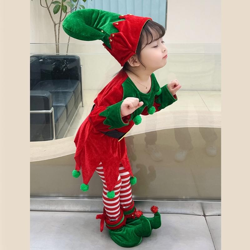 Children Christmas Dwarf Accessories for Boy Girl Kids Christmas Elf Costume Includes Elf Suit Elf Hat and Shoe Covers