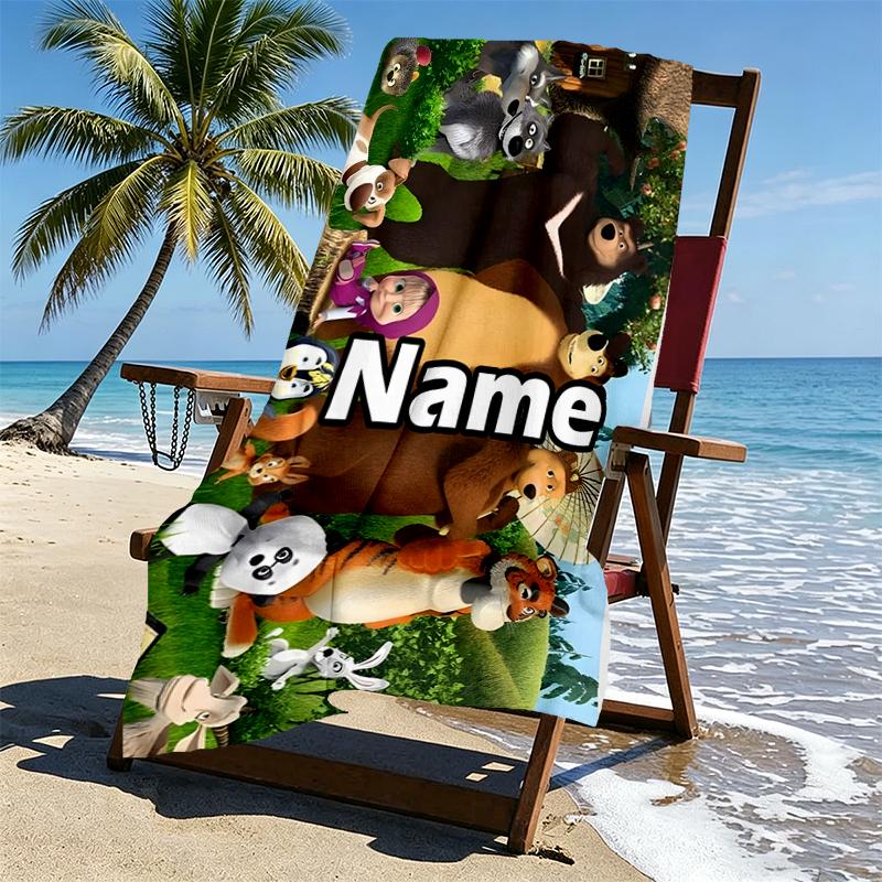 Asciugamano da Spiaggia Personalizzato con Nome Masha e Orso, per Viaggio Campeggio Festa in Spiaggia Decorazione Casa, Regalo di Compleanno per Famiglia e Amici