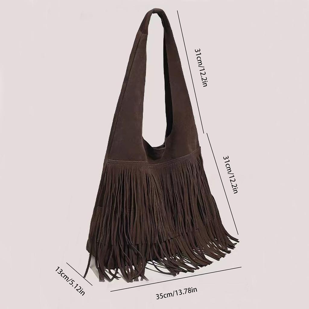 Retro Tassel Bag, Coffee Color Large-Capacity Tote Bag, High-Grade Textured Deerskin Velvet Shoulder Underarm Bag, Versatile Big Bag.