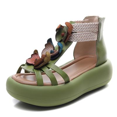 Mode Hoge Kwaliteit 5CM Koe Echt Leer Flats Bloem Dames Laarzen Holle Rits Pumps Schoenen Zomer Platform Wedge Mary Jane Sandalen