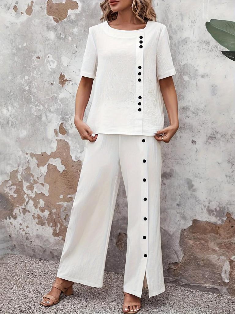 Elegant Button-Decorated Solid Color Top & Pants Set | Fashionable 2025 Collection