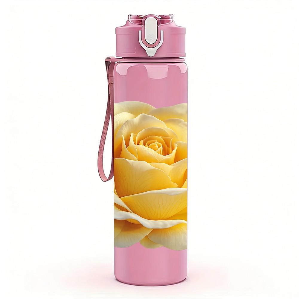 1PC Yellow Rose Flower Bloom Art Print 750ml Color Plastic Sports Water Bottle Leakproof Flip Straw Lid Suitable for Sports Office Home Use