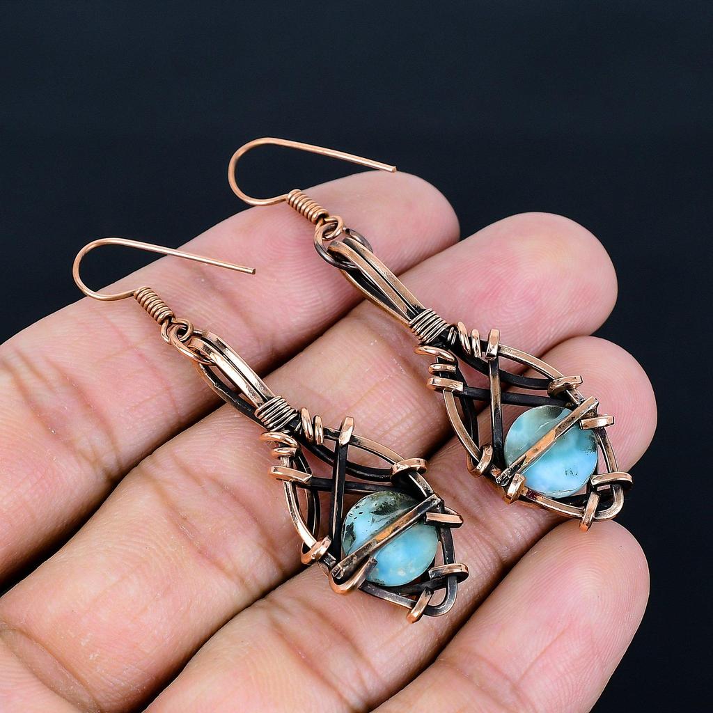 Larimar Earrings, 999 Copper Wire Wrapped Jewelry, Gemstone Earrings, Gift For Her Handmade Dainty Jewelry