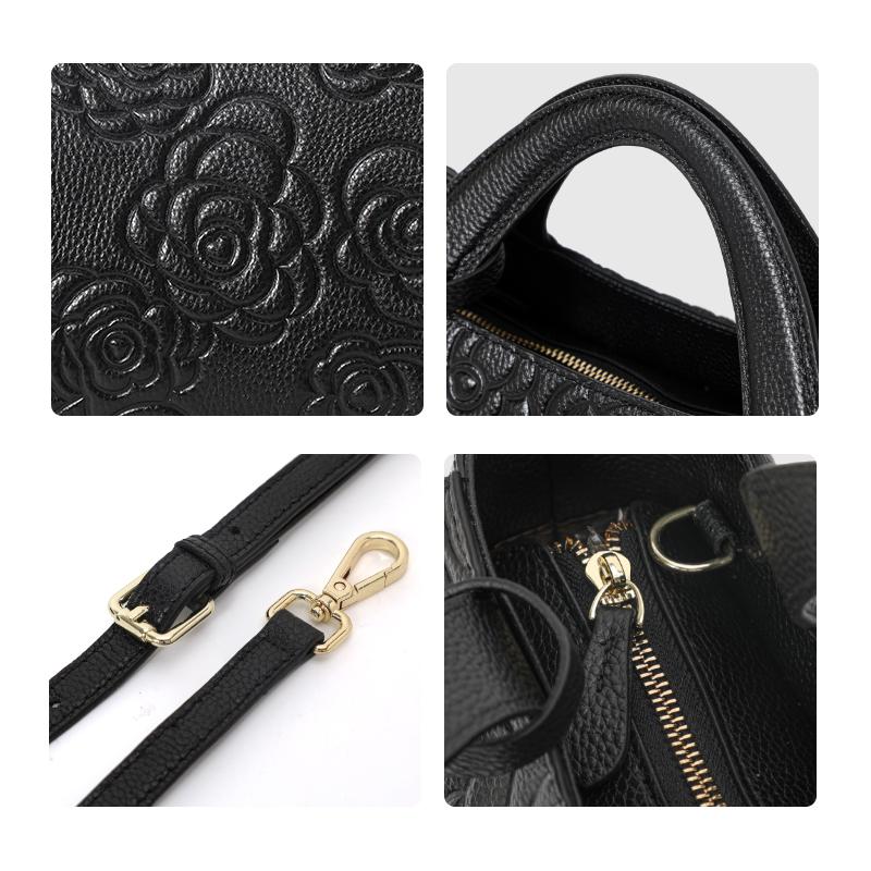 Aidrani Echtleder Damenhandtasche große Kapazität Blumenmuster Umhängetasche weiche Rindsledertasche schwarz