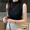 WTEMPO Solid Slim Thin Knitted Vests Women Spring Solid Half High Collar Shirts Female Elegant Casual Sleeveless Tops