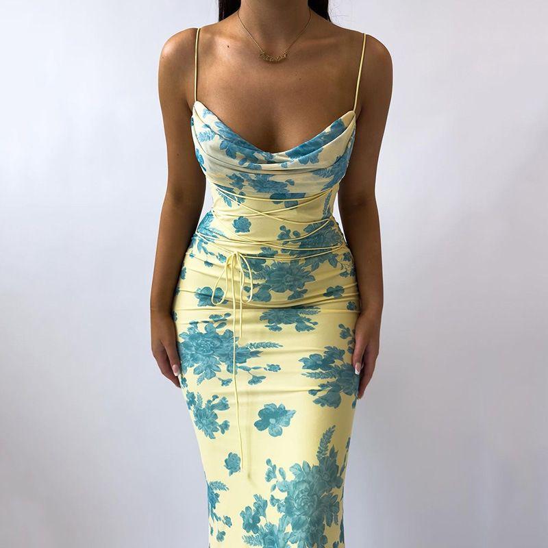 European and American Women Clothes New Lace-up Long Dress Floral Slim Fit Sheath Print Sling Dress Strap Dress
