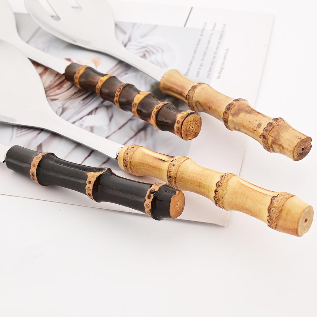 2/4pcs Bamboo Handle Dinnerware Set Salad Fork Spoon Cutlery Set Mirror Stainless Steel Flatware Western Home Kitchen Tableware