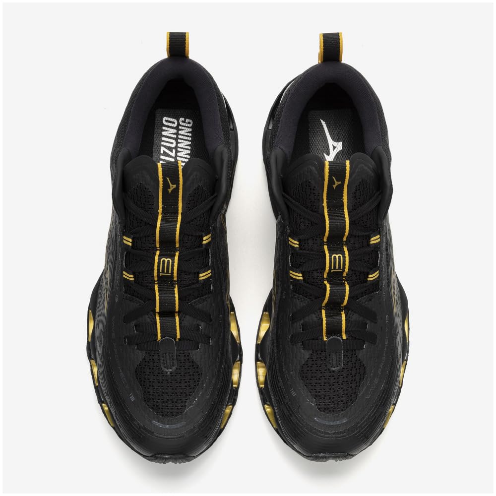 Mizuno Wave Prophecy 13 Løping Tykke Svarte x 2E Sko, Jogging, Trening, Sport, Lettvektig, Spenstig, Såle, Gull, 25.5 cm,