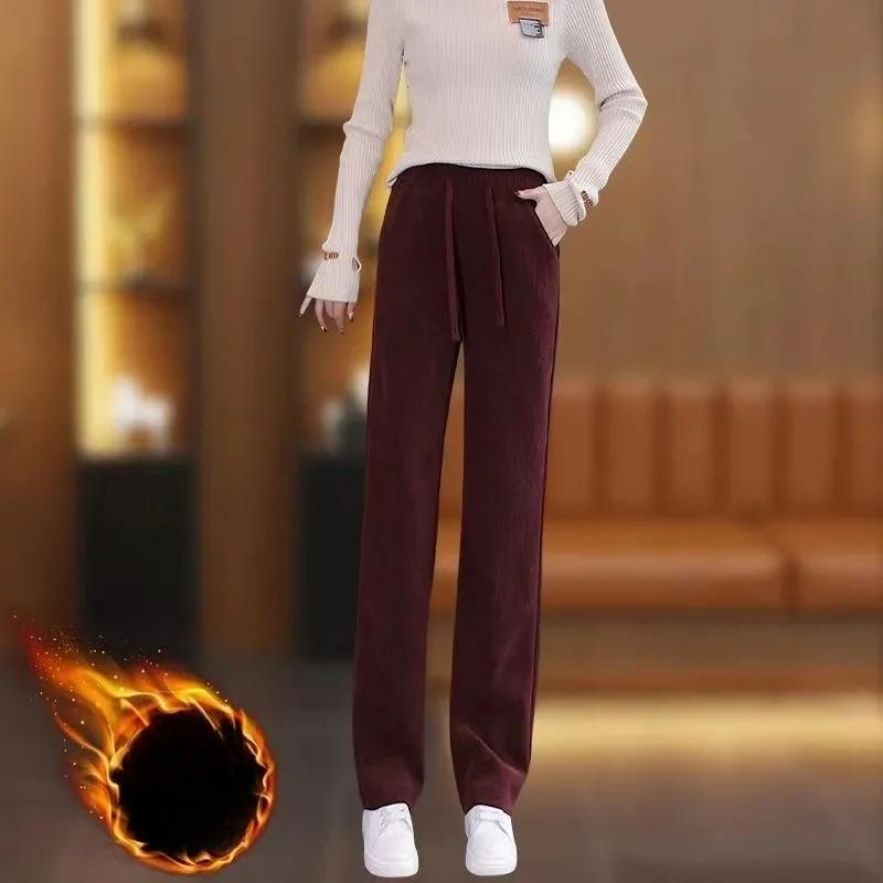 Plus Size Slim Straight Pants Women Autumn Winter Slimming High Waist Versatile Fleece Casual Pants