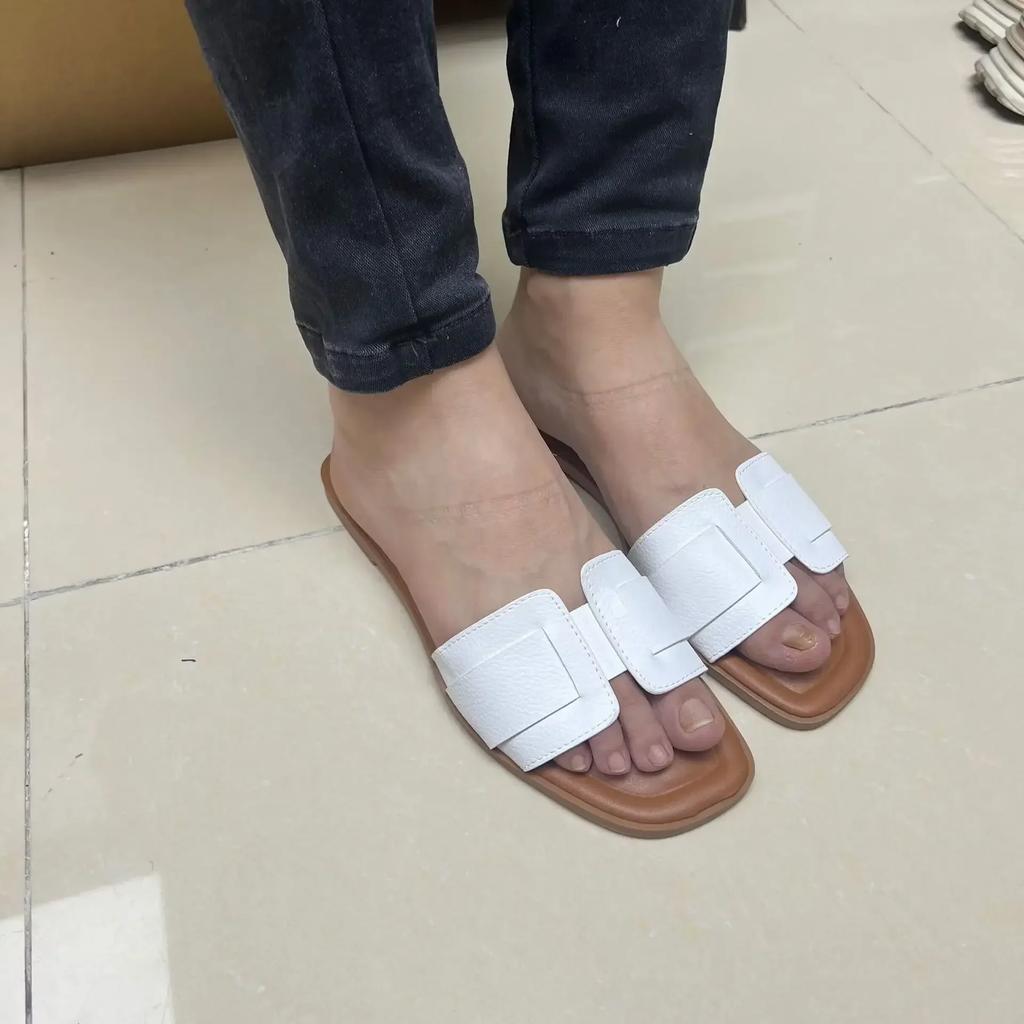 Fashion Causal Flat Woman's Slippers Peep Toe Outside Street Female Beach Shoes 2025 Summer Soft Leather Brand Design Ladies Slides