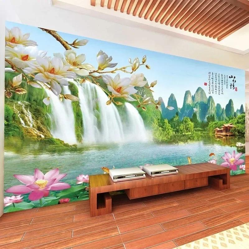 Photo Wallpaper 3d Stereo Waterfall Lake Lotus Landscape Mural Living Room Tv Sofa Bedroom Home Decor