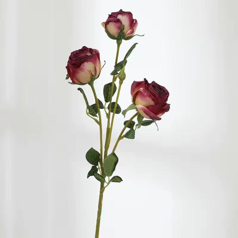 

3 Head Artificial Rose Bouquet Oil Painting Burnt Edge Artificial Flower Home Wedding Decoration червоний