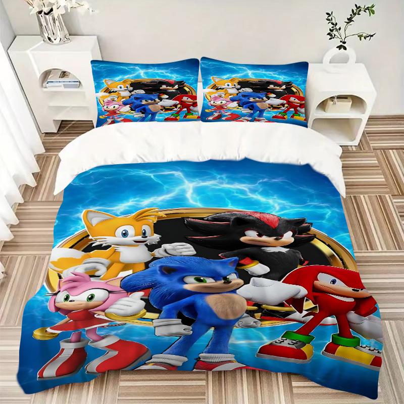 3pcs Sonic the Hedgehog Home Bedding Set-Universal Three-Piece Suit for Bedroom, Guest Room, Living Room, Hotel-Perfect Gift for Fans, Trave