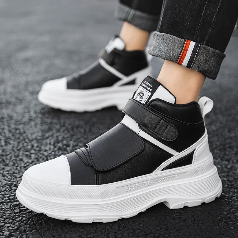 Herbst Herren Casual Sneakers Leder Klobige Plateauschuhe High-Top Schuhe Stiefeletten Klettverschluss Sneakers Herren Atmungsaktive Sportschuhe 44