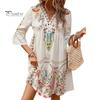 Summer Lady Dress Hollow Out Lace Patchwork Bohemian Three Quarter Sleeves Loose V Neck Printed Pleated Knee Length Vacation Beach Midi Dress