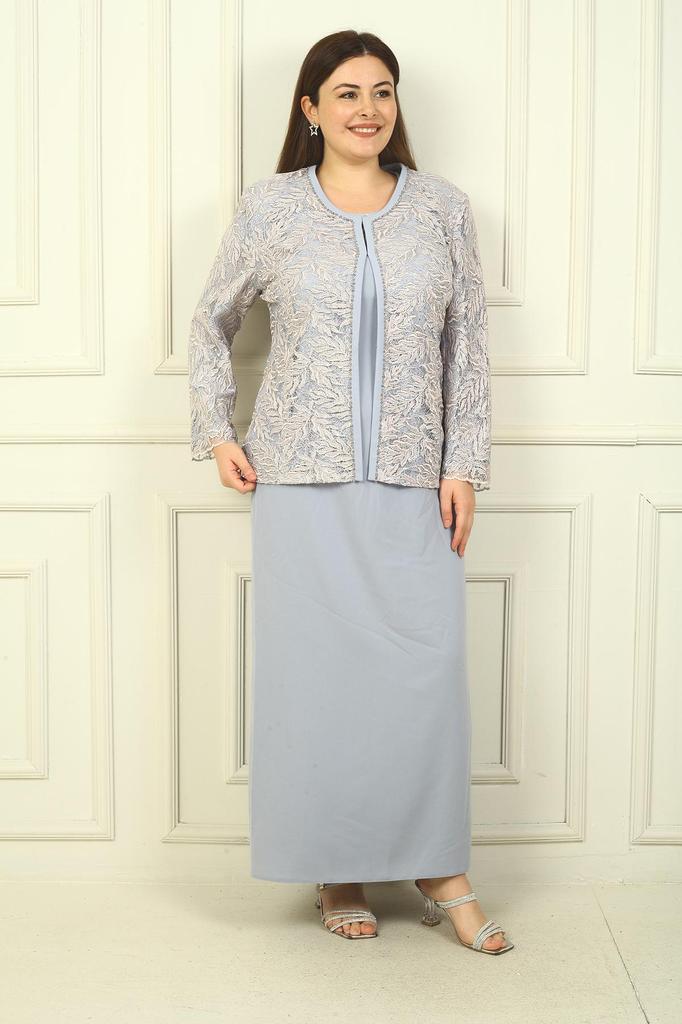 Yakası Boncuk Nakışlı Uzun Elbise Boncuk Pul Nakışlı Ceket Astarlı Büyük Beden 2'li Takım