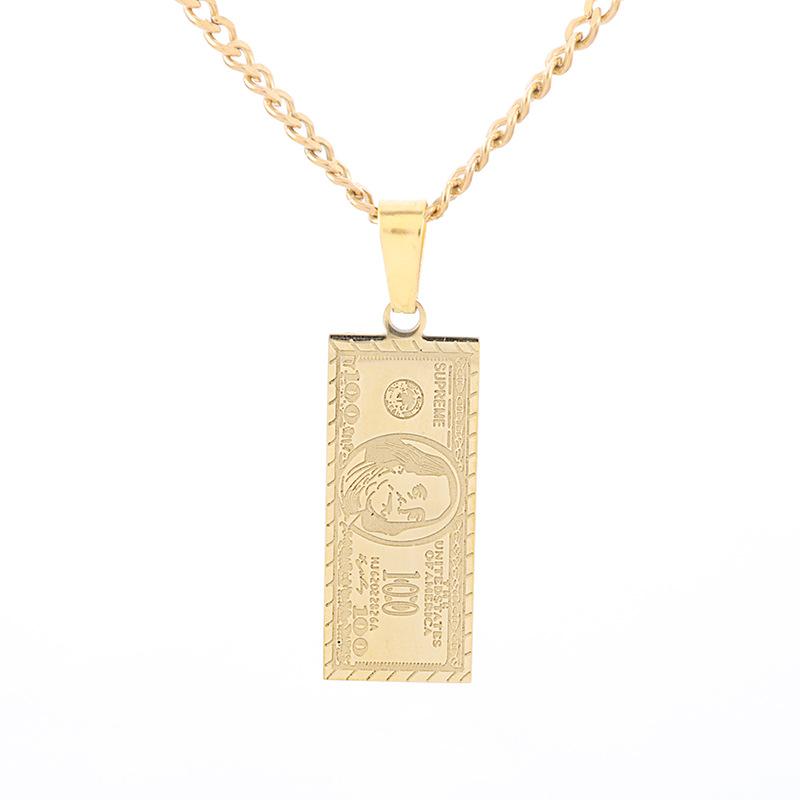 European and American 18k 100 US Dollar Bill Necklace Stainless Steel Color Retaining Jewelry Fashionable Light Luxury Pendant