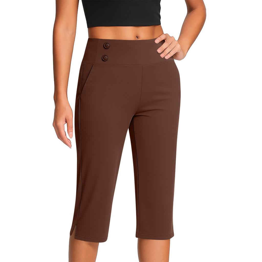 Pantalones de Moda para Mujer de Color Sólido con Bolsillos con Botones y Bajos Divididos Cintura Alta Deportes Yoga Casual Pantalones Recortados