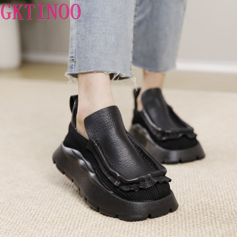 Fashion GKTINOO 2025 Loafers Women Flat Platform Shoes Square Toe Flats Thick Heel Elegant Genuine Leather Deep Mouth Ladies Shoes
