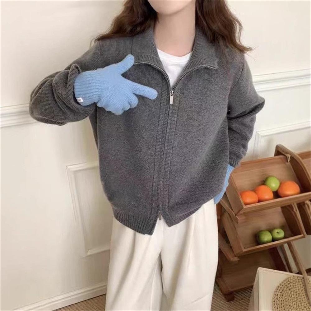 Korean Double-zipper Sweater Cardigan Jacket for Women, New Autumn and Winter Style, Laid-back Style, Soft and Loose Solid Color Knitted Sweater Top