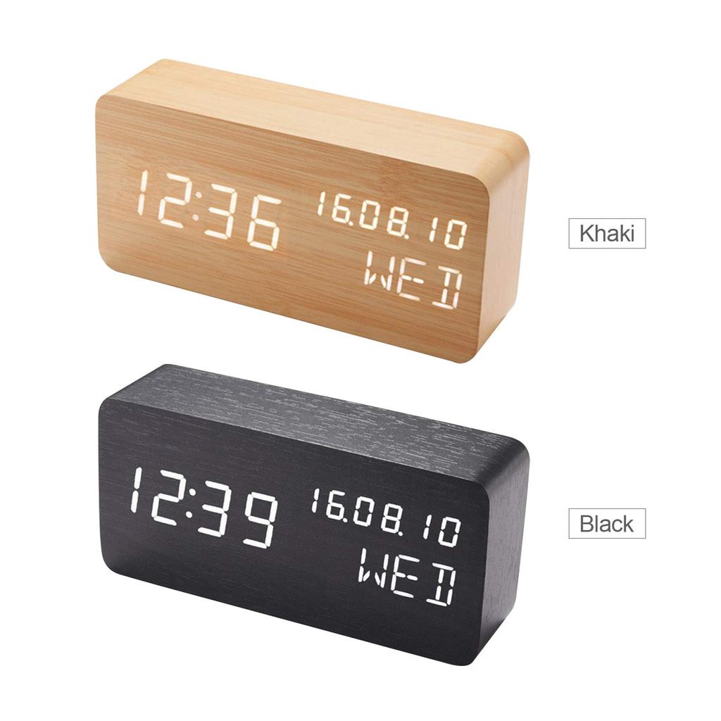 Alarm Clock, Digital Alarm Clock for Bedroom, Wooden Desk Alarm Clock, with Voice Control, Date and Temperature Adjustable, 3 Brightness Display LED