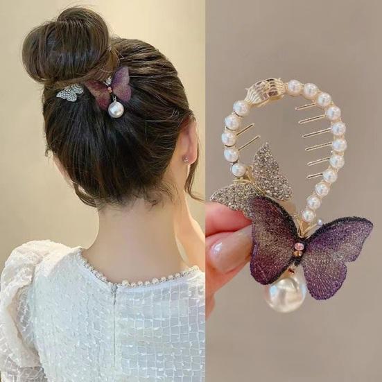 Lady Ponytail Claw Shiny Rhinestone Faux Pearl Long Tassel Flower Multi Teeth Stainless Hair Decoration Lightweight Bridal Hair Bun Clipper