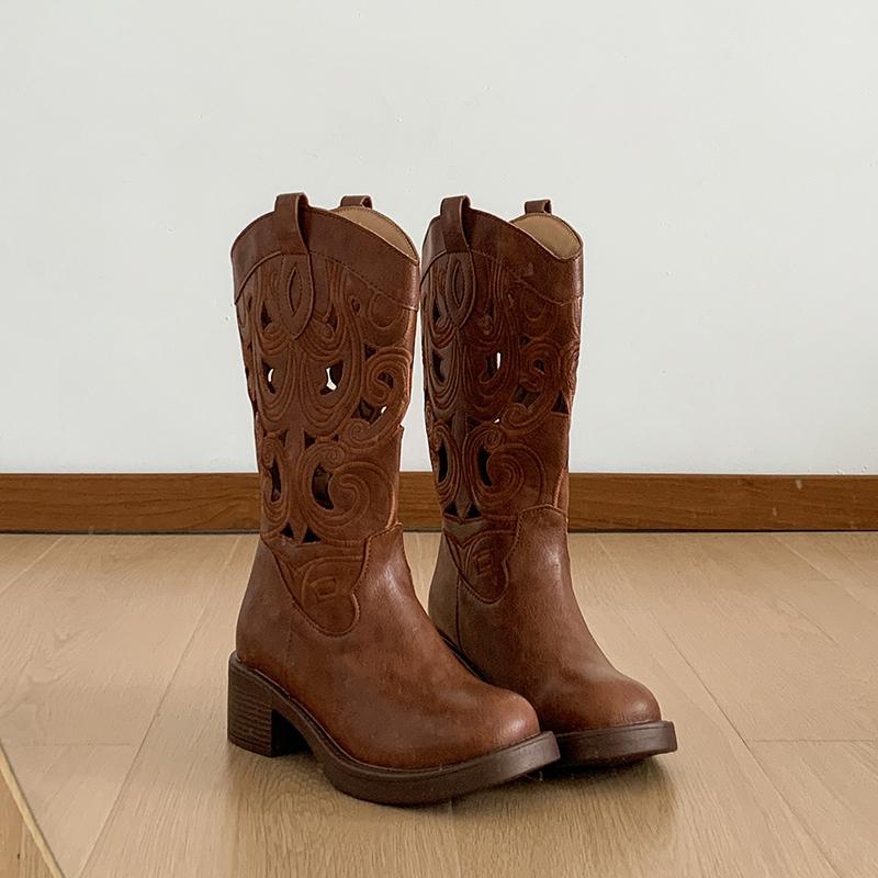 

Мода Панк Винтаж Ажурные Женские Ковбойские Сапоги Осень Женские Повседневные Толстый Каблук Высокие Ботинки Женская Обувь 39 коричневый