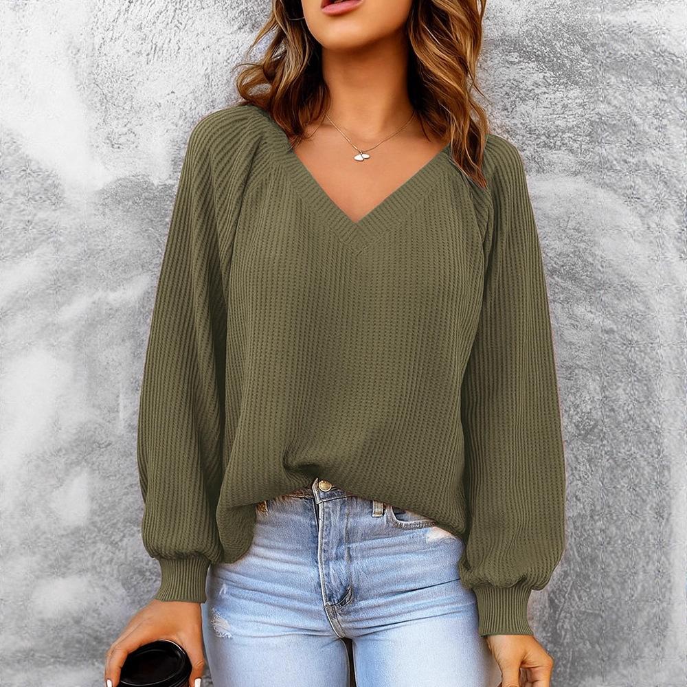 2025 New Autumn and Winter Women's Casual V-neck Long-sleeved Loose Solid Color Sweatshirt