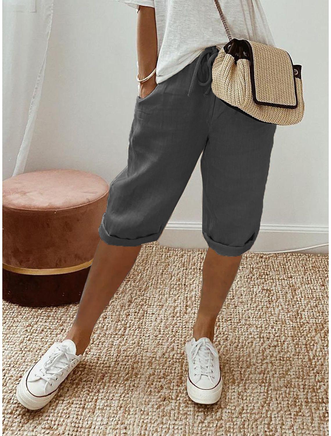 2026 Women s Cotton Linen Elastic Waist Casual Pants with Pockets S