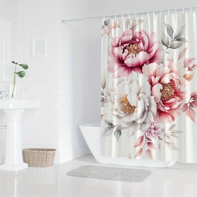 1 Piece Of Elegant White And Pink Peony Shower Curtain, Polyester Fabric, Machine Washable, Suitable For Bathroom Decoration