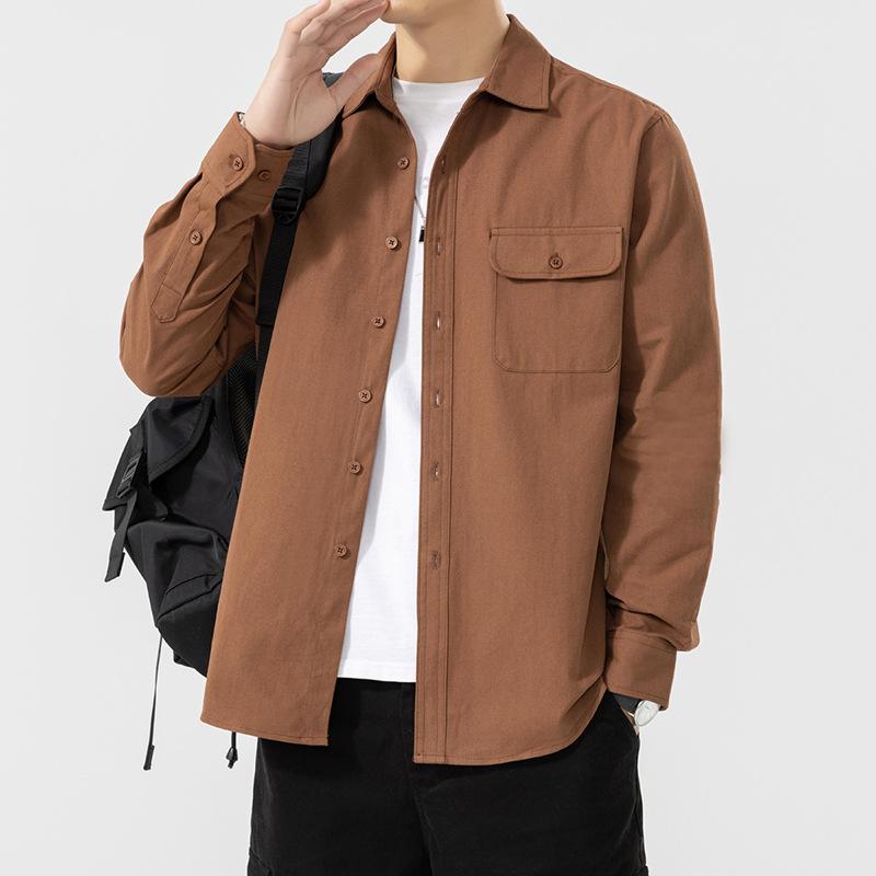 Pure Cotton Long-sleeved Shirt Men's Spring Pocket Solid Color Long-sleeved Shirt Casual Shirt Jacket