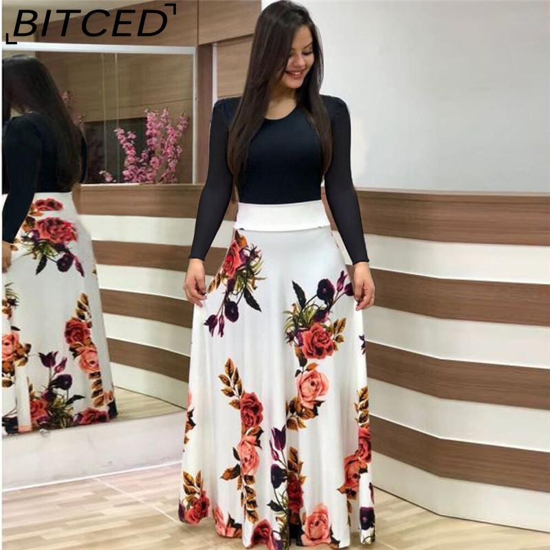 BITCED Floral Print Patchwork Long Sleeve Bohemian Dress Women Spring Autumn O-Neck Big Swing Long Dresses
