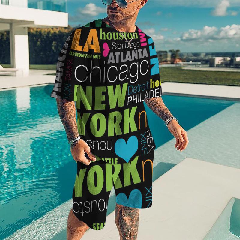 

2024 New Men s T-shirt 2Pcs Sets 3D English Letter Print Men Women Short Sleeve O-Neck Tee Shorts Suit Casual Tracksuit Outfits S