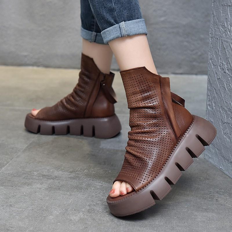 Johnature Fashion Thick Soled Platform Shoes Genuine Leather Women Peep Toe Sandals Hollow Out Boots