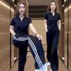 Women Striped Tracksuit 2 Piece Outfit V Neck Short Sleeve Top Wide Leg Pants Set Casual Loose Sport Suit Middle Age Mom Daily Wear