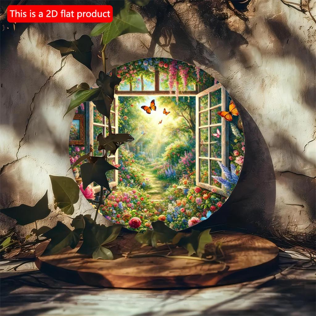 2d Flat 20*20cm Circular Wooden Sign, Retro Windowsill Garden Flower Design, Novel Hippie Decoration Sign, Suitable for Courtyards, Gardening, Offices