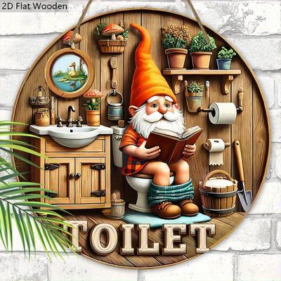 Rustikales Holzschild mit Toilettensymbol und charmantem Wichtelmuster - Dekorative Plakette für das Badezimmer - Ideales Toiletten-Hängeornament KTY