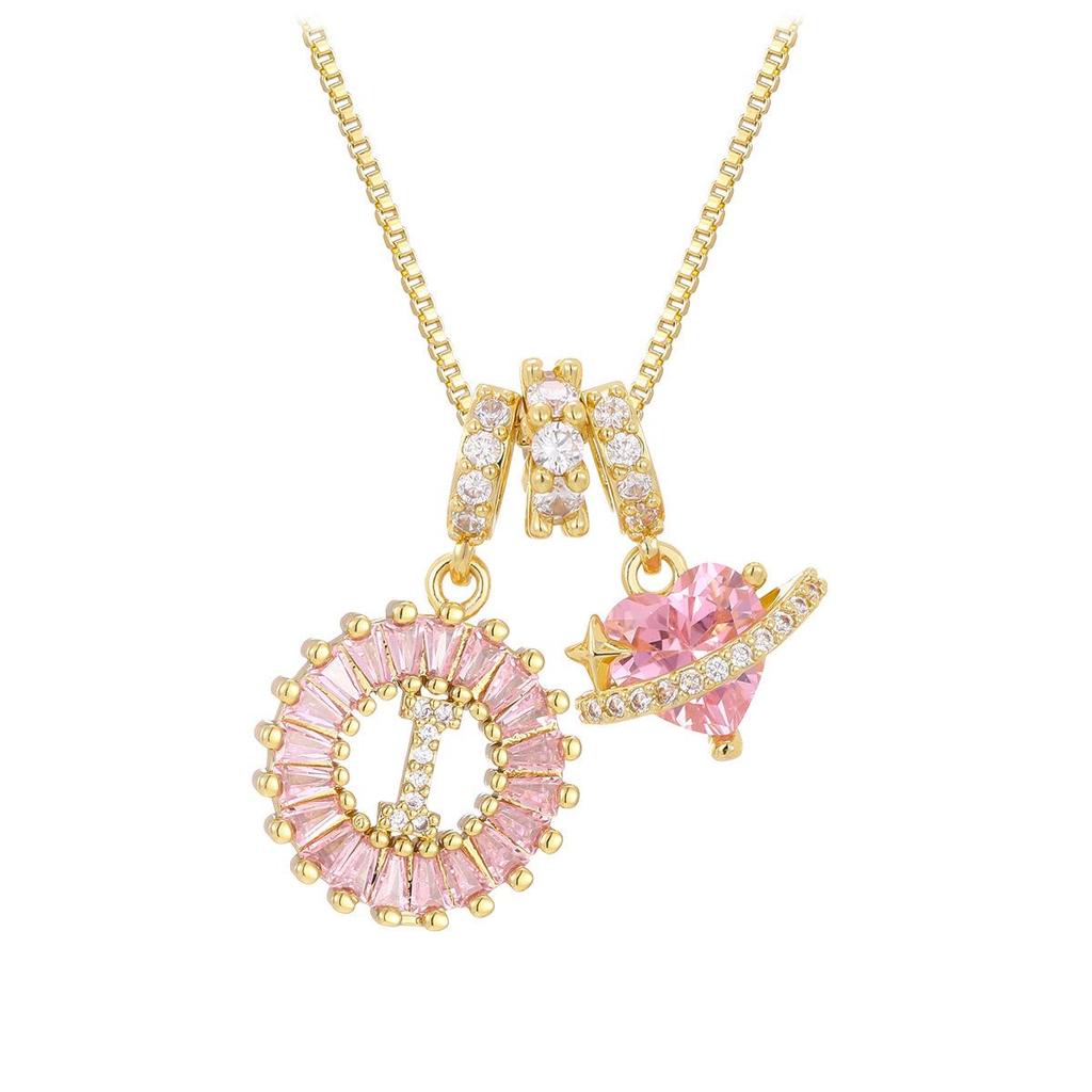 Pink Rock Candy 26-Letter Diamond Necklace with Gold-Plated Zircon and Round Flower Pendant