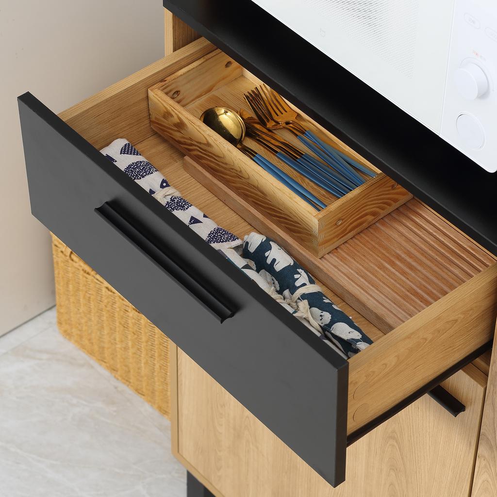 Meuble de cuisine multi-rangement avec tiroir, 3 portes, 4 niches et passe-câbles, hauteur 180 cm, noir et bois naturel