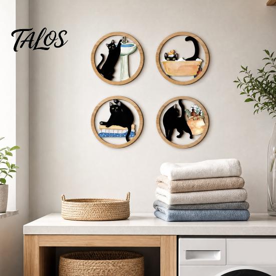 Arte da Parete 4 Pezzi Minimalista Gatto Nero, Cerchio Rotondo Geometrico Legno Non Tossico Rivestimento Legno Decorazione, Cartello Appeso Astratto per Soggiorno,