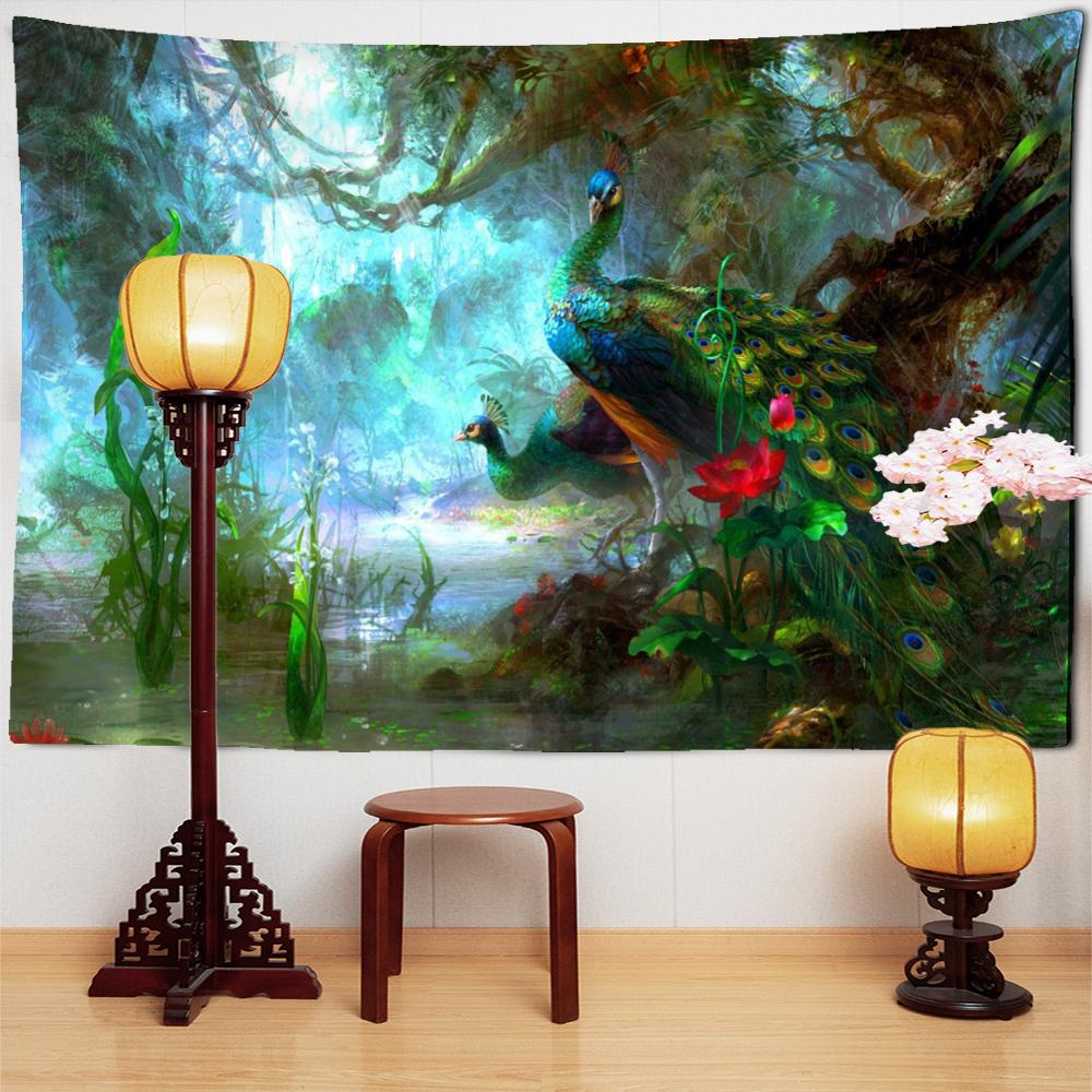 Tropischer Regenwald-Pfau-Wandteppich, Wandbehang, böhmischer Stil, Kunst, Landschaft, Tierästhetik, Zimmer, Wohnkultur