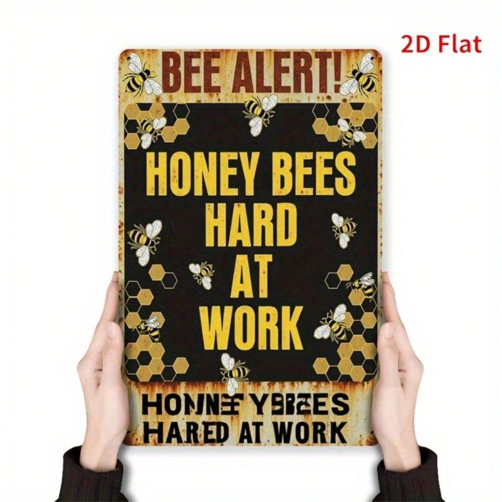 Vintage Metal Wall Art Bee Alert Rusty Iron Sign Honeycomb Decor 7.8x11.8 Inch