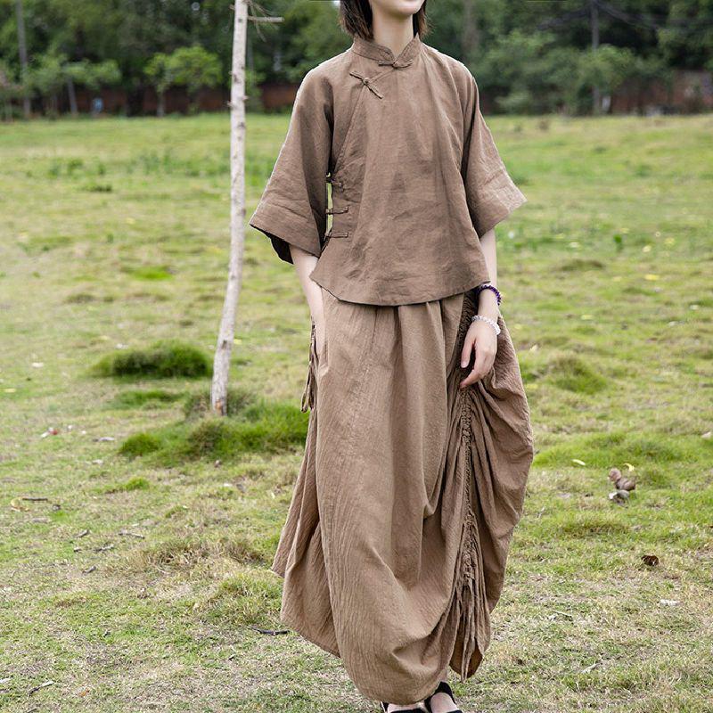 Elegantes Sommerhemd für Damen im Retro-Chinesischen Stil mit Stehkragen und Froschknöpfen, Mittellanges Baumwoll-Leinen-Oberteil.