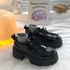 Schwarze Plateau-Schnürschuhe aus Kleinleder für Damen, Lack-Schnür-Loafer, Socken-Trage-Einzelschuhe